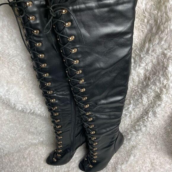 Liliana Boho-10 Black thighs high lace up heel boots peep toe Size 8 - Picture 1 of 9